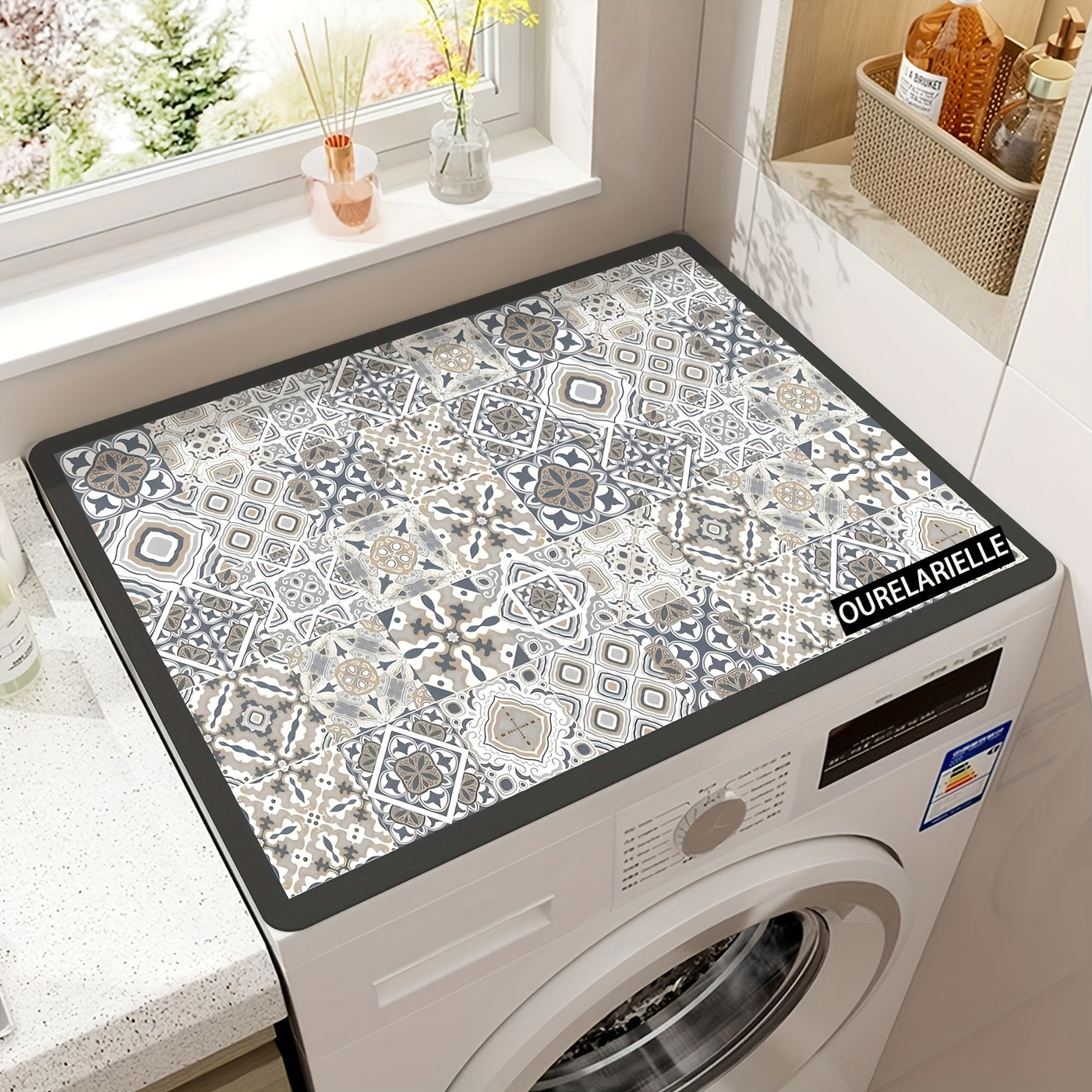 Washing Machine Cover Silicone Waterproof Decorative Plaid, 23.62x19.69 Inch Kitchen Laundry Room Top Load Washer Protector, Food-Grade Vintage Mosaic Multicolor Design Home Organization Appliance Cover