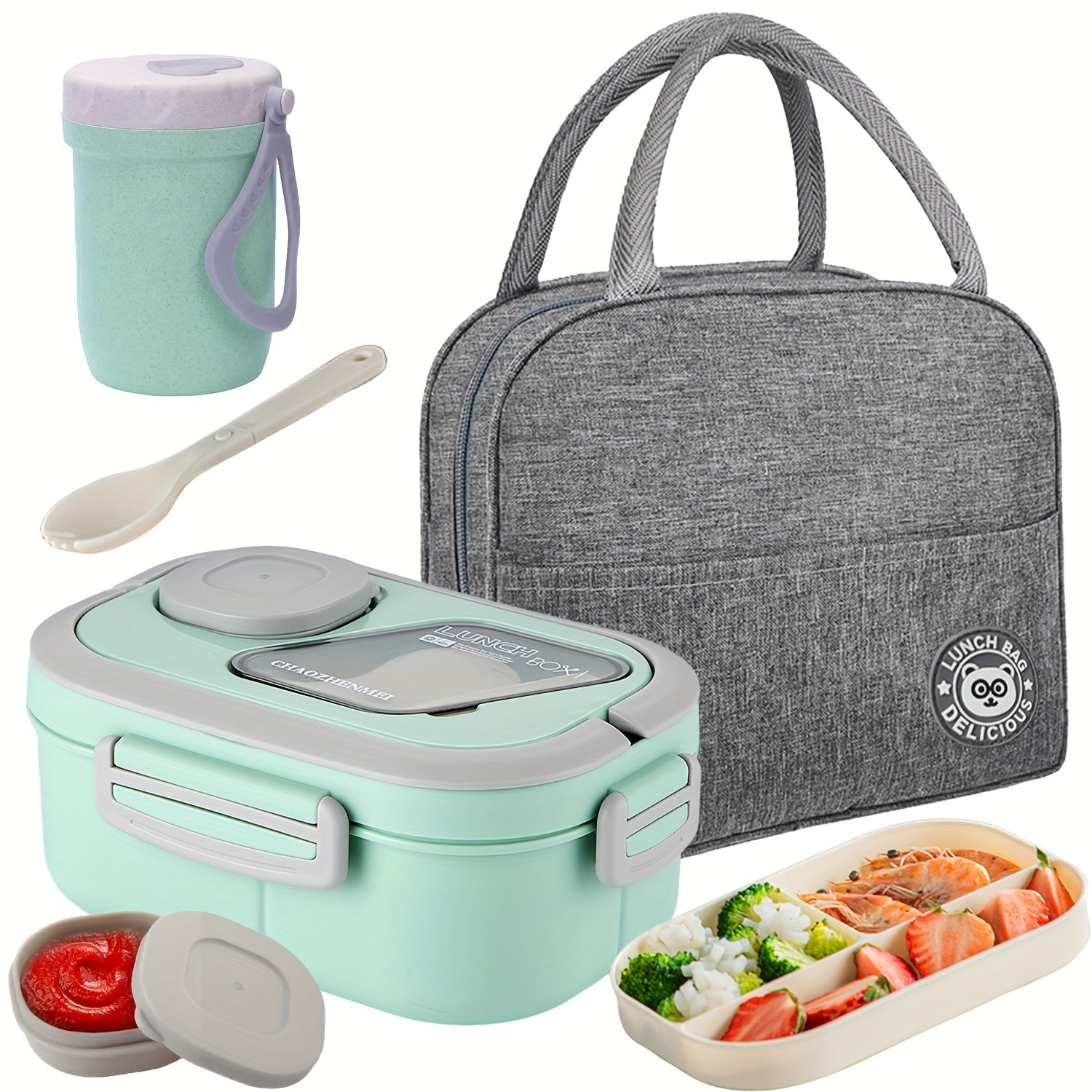 2-Layer Bento Lunch Box Set with Cup and Meal Bag - Multi-Grid Lunch Box for School, Office & Outdoor Picnics, Food Storage Container with Milk Cup, Salad Cup, Coffee Cup or Soup Bowl, Pink Blue Green White