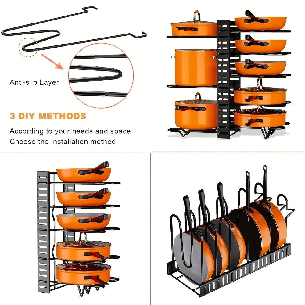 Pot and Pan Organizer 8-Tier with Lid Rack - Kitchen Cabinet Storage Rack for Cookware Pots Pans Lids and Utensils, Space Saving Vertical Cookware Organizer for Cabinet Pantry and Counter, Available in 1 or 2 Pack