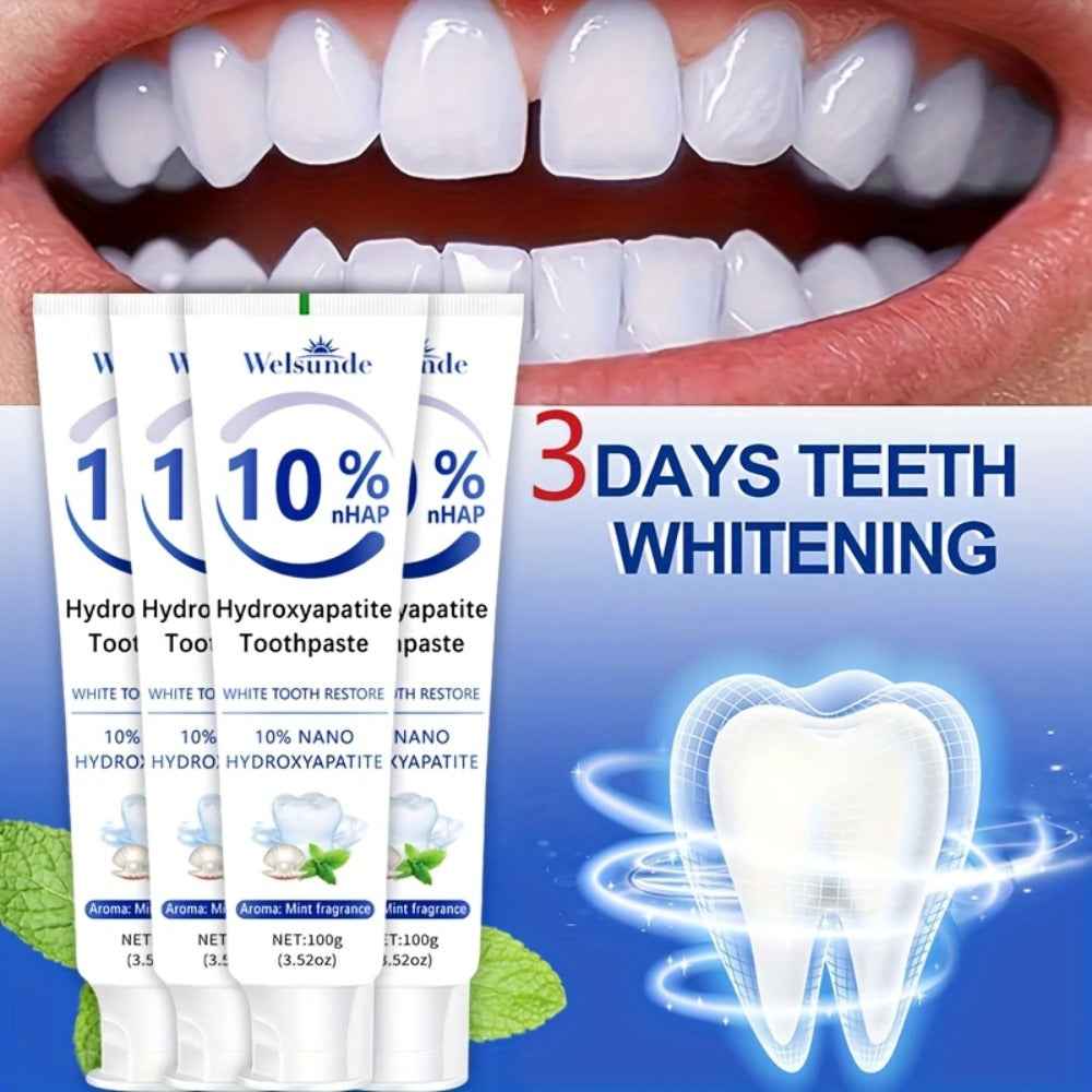 Hydroxyapatite Toothpaste 4-Pack ¨C 10% Nano Formula with Baking Soda, Deep Cleaning & Whitening Gel, Mint Fresh Breath, Fluoride-Free Daily Oral Care for Everyone, Home & Travel Sleek Tube Design (400g)
