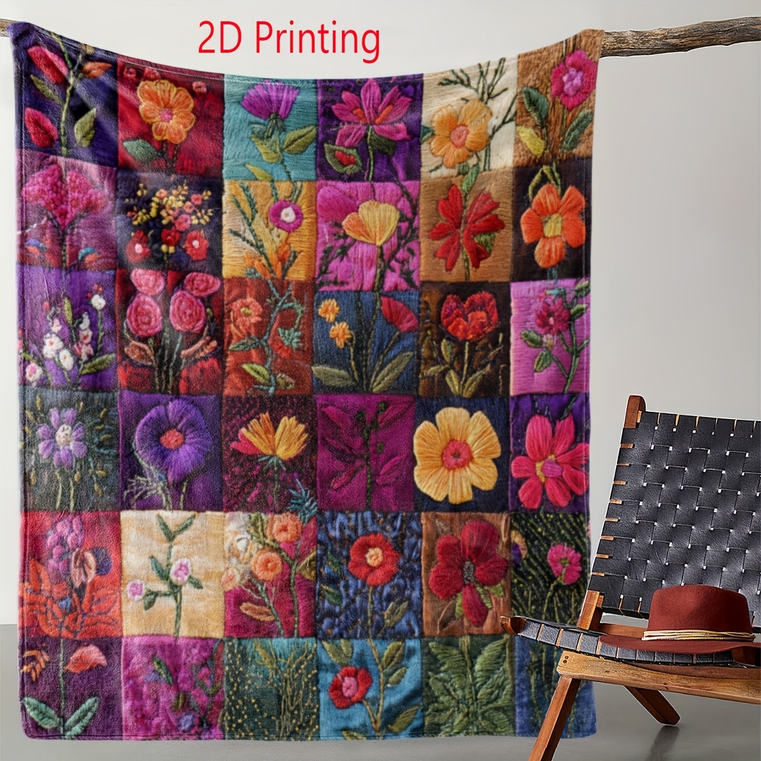 Vintage Green Floral Plaid Flannel Throw Blanket - Soft Warm Cozy 250GSM Retro Style Digital Print for Couch Bed Car Office Camping, All-Season Gift Blanket