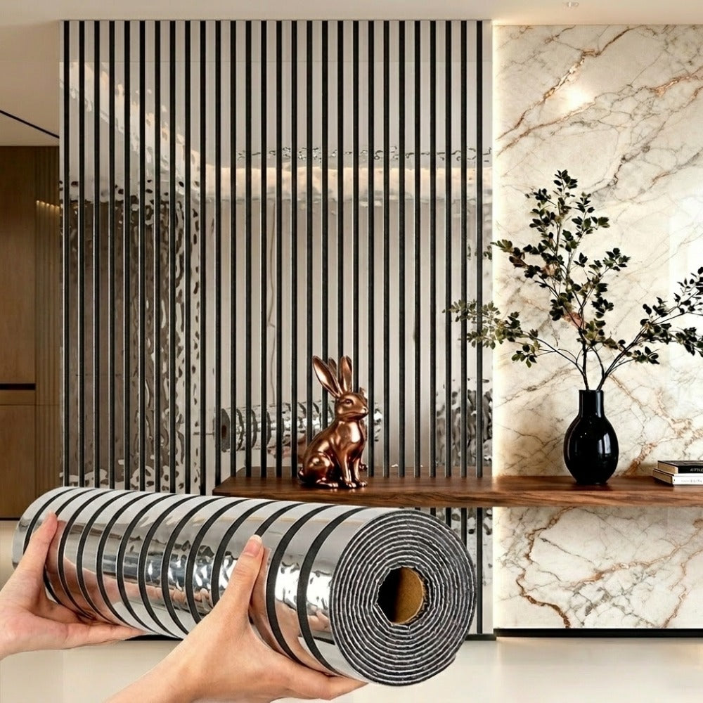 3D Mirror Slat Wall Panel Self-Adhesive Peel and Stick Gold Silver Metallic Grid Wall Sticker for TV Background Wall Ceiling Curved Edges Home Decor Art Easy Install