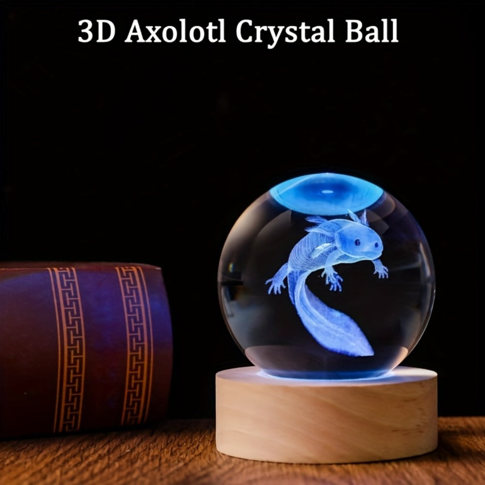 3D Axolotl Crystal Ball Night Light ¨C USB Powered LED Colorful Gradient Glow Orb Atmosphere Lamp with Bamboo Base, Amphibian Figurine Desk Light for Home Decor, Bedroom, Kids Room & Unique Gift (2.36in)