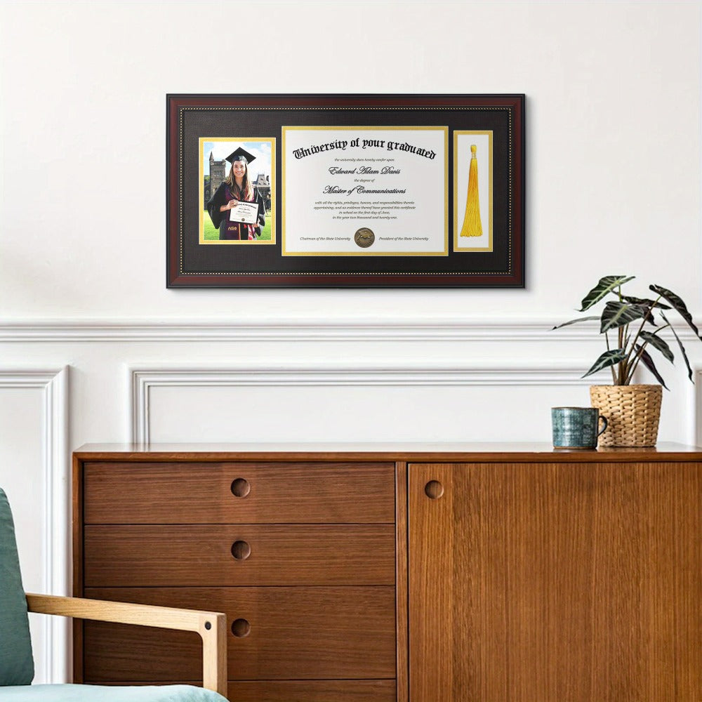 Diploma Frame 11x22 with Tassel Holder for 8.5x11 Certificate and 5x7 Photo, Mahogany Frame with Gold Beads, Black Mat over Gold, HD Glass, Graduation Gift