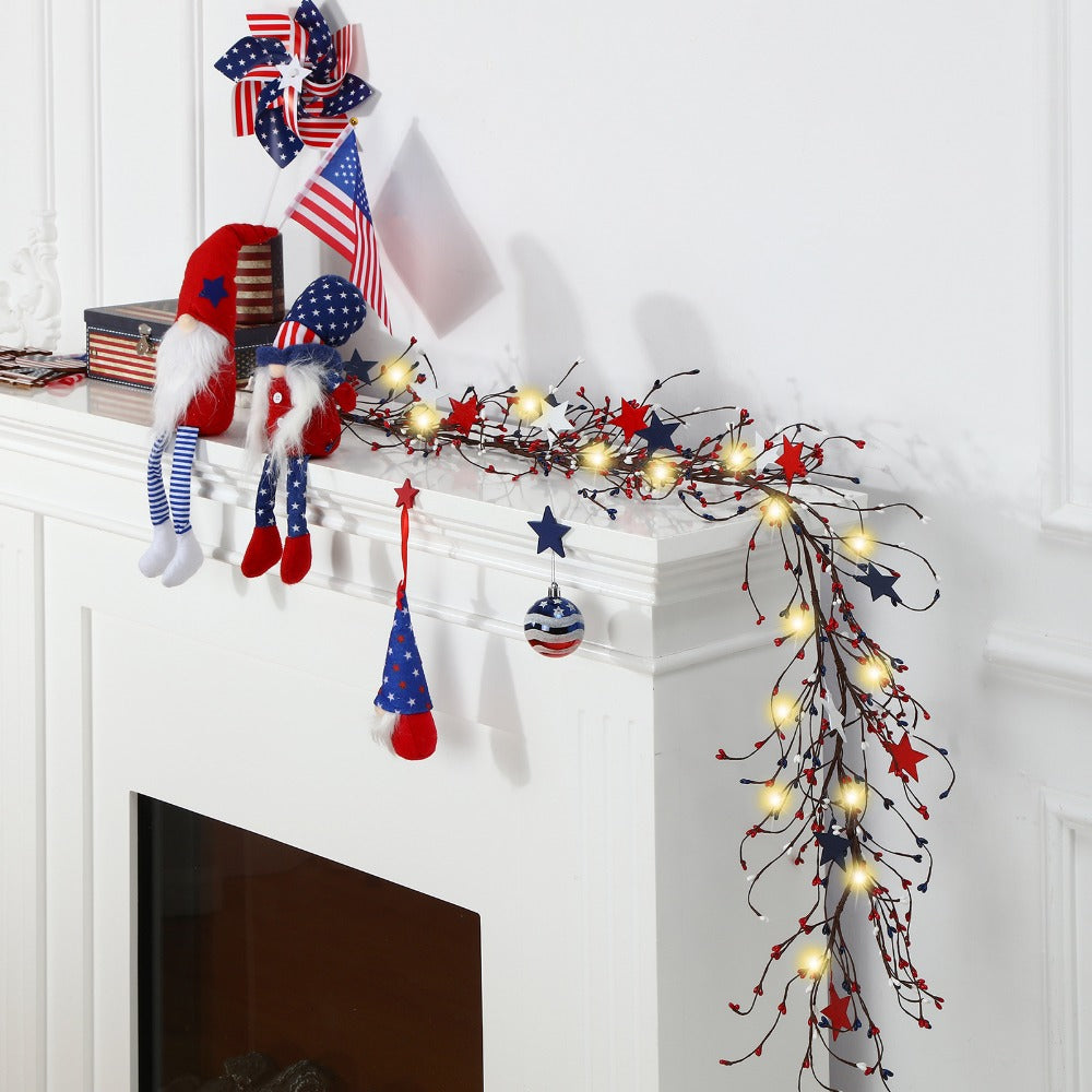 4th of July Garland with Fairy Lights 4.5Ft Patriotic Red White Blue Garland with 30 LED Lights Metal Stars Berry Branches Independence Day Door Decor Mantle Wreath Ornament