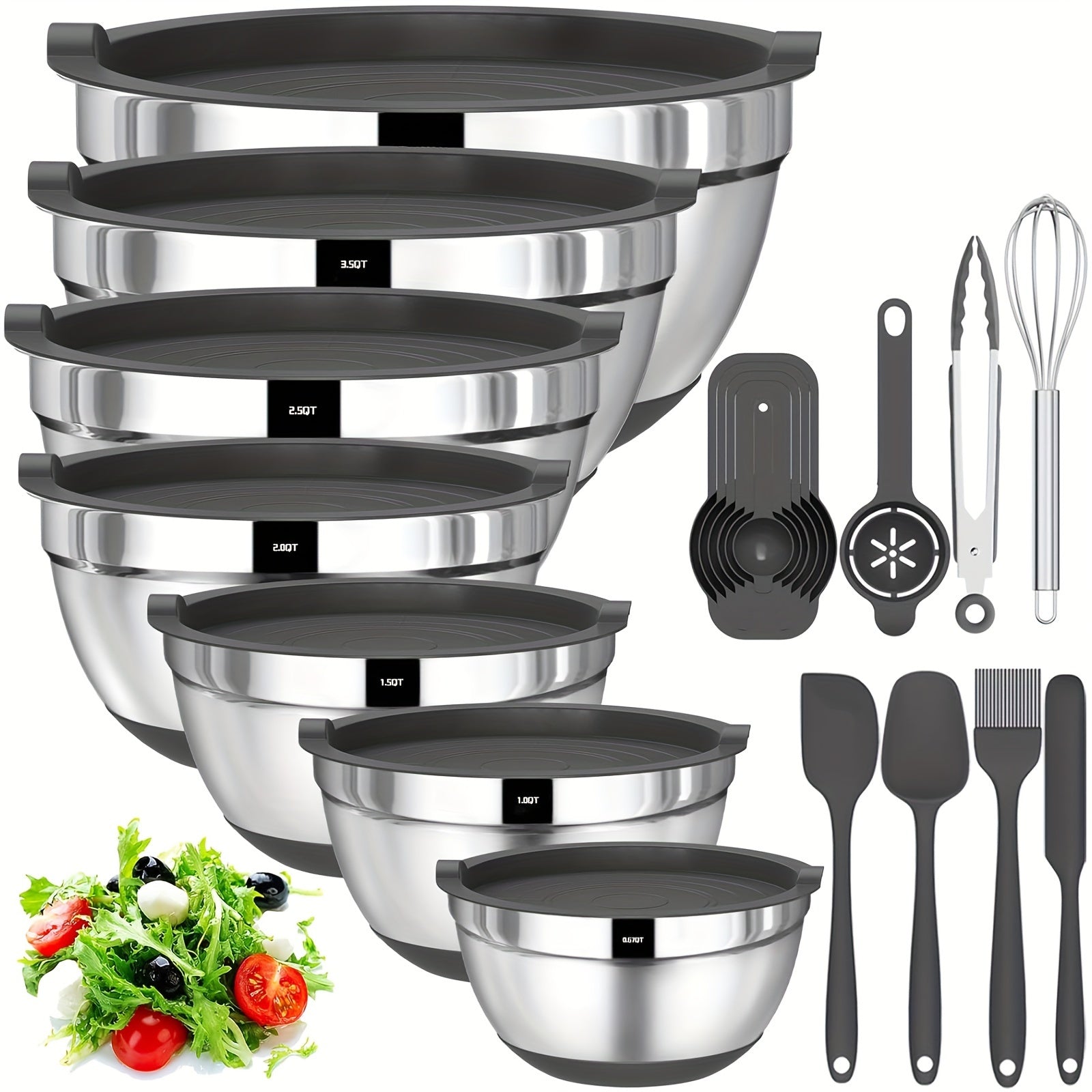 Stainless Steel Mixing Bowls with Airtight Lids 20-Piece Set ¨C Non-Slip Silicone Bottom, Nesting Bowls in 7 Sizes (0.67¨C7 QT) for Mixing, Baking & Serving ¨C Kitchen Bowl Set with Lids