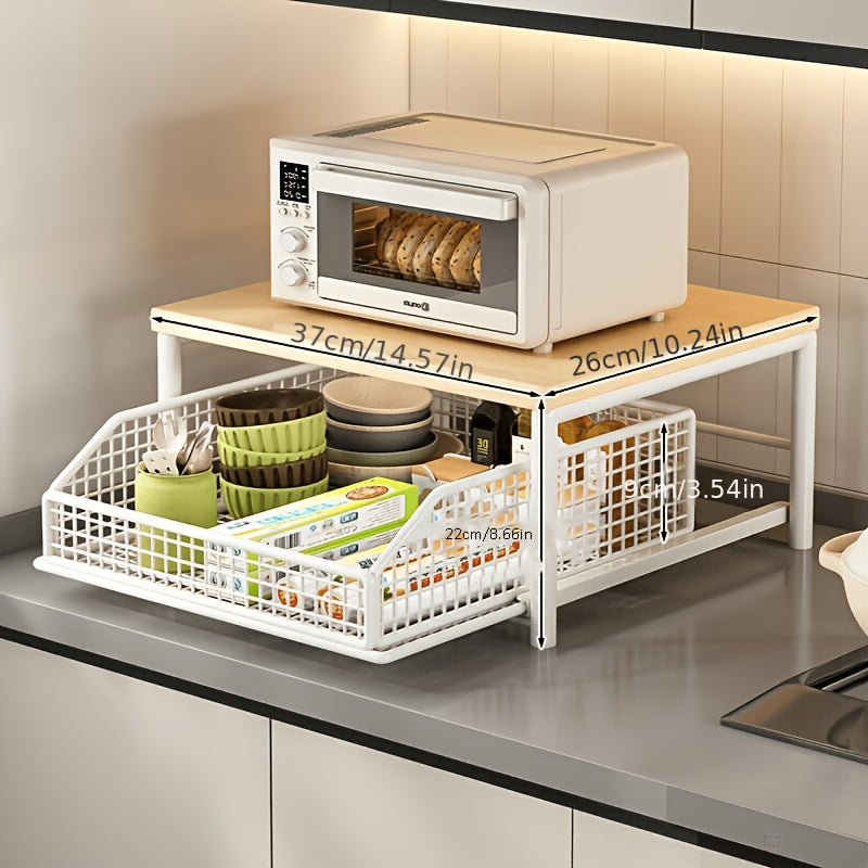 2-Tier Kitchen Countertop Organizer with Drawer & Wire Basket ¨C Hardwood & Metal Storage Shelf for Coffee Maker, Utensils & Spices