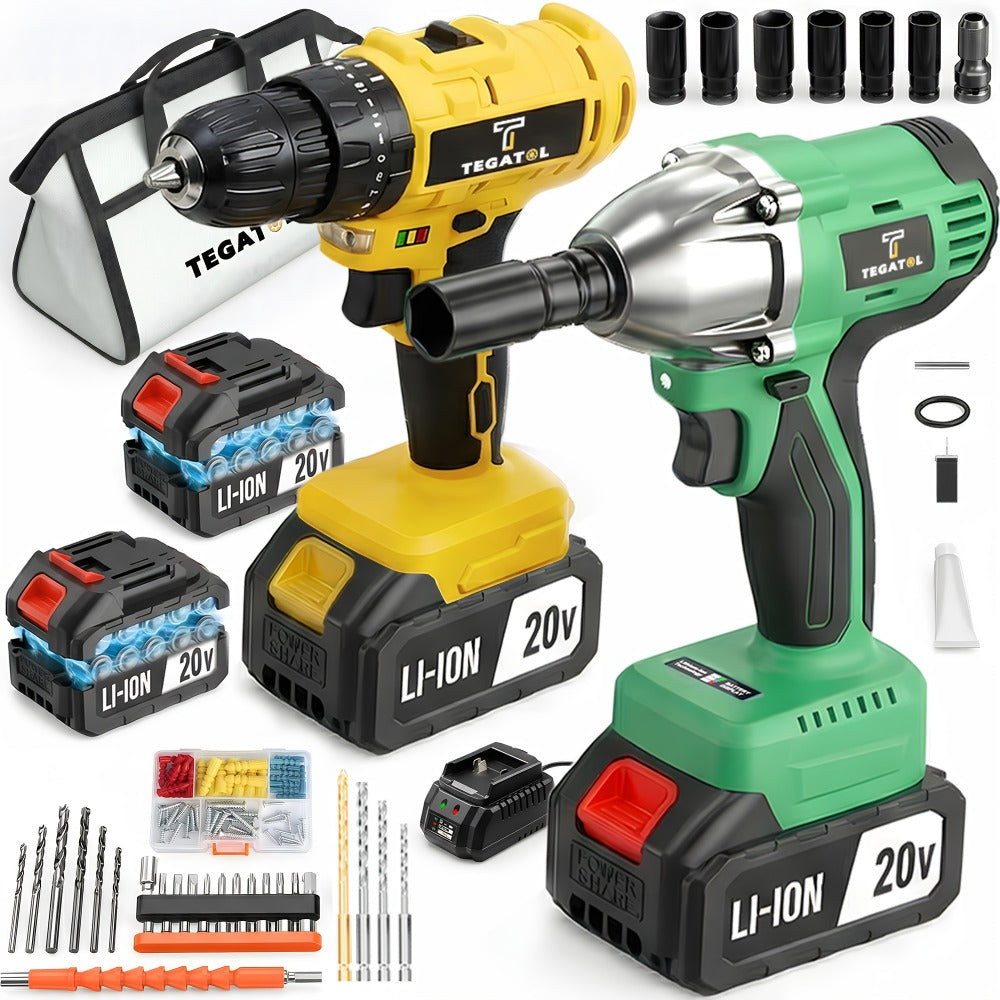 20V Brushless Power Tool Combo Kit | 4-Tool Cordless Set with Impact Wrench, Hammer Drill, Angle Grinder & Electric Drill ¨C 3 Batteries Included for Home Renovation & Construction