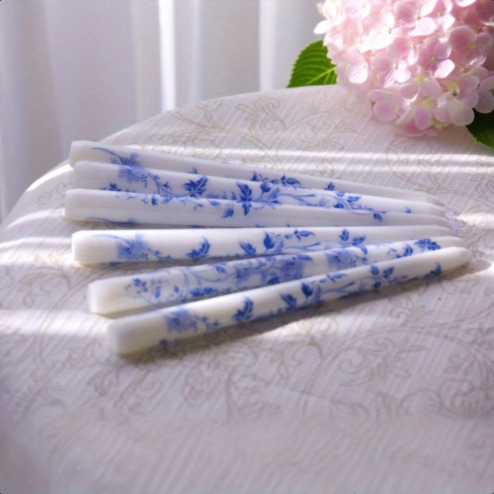 Taper Candles Blue White Porcelain 6-Pack 10 Inch | Dripless Unscented Soy Wax Chinoiserie Candlesticks 8-12 Hour Burn for Weddings Christmas Dinner Table Home Decor Centerpiece