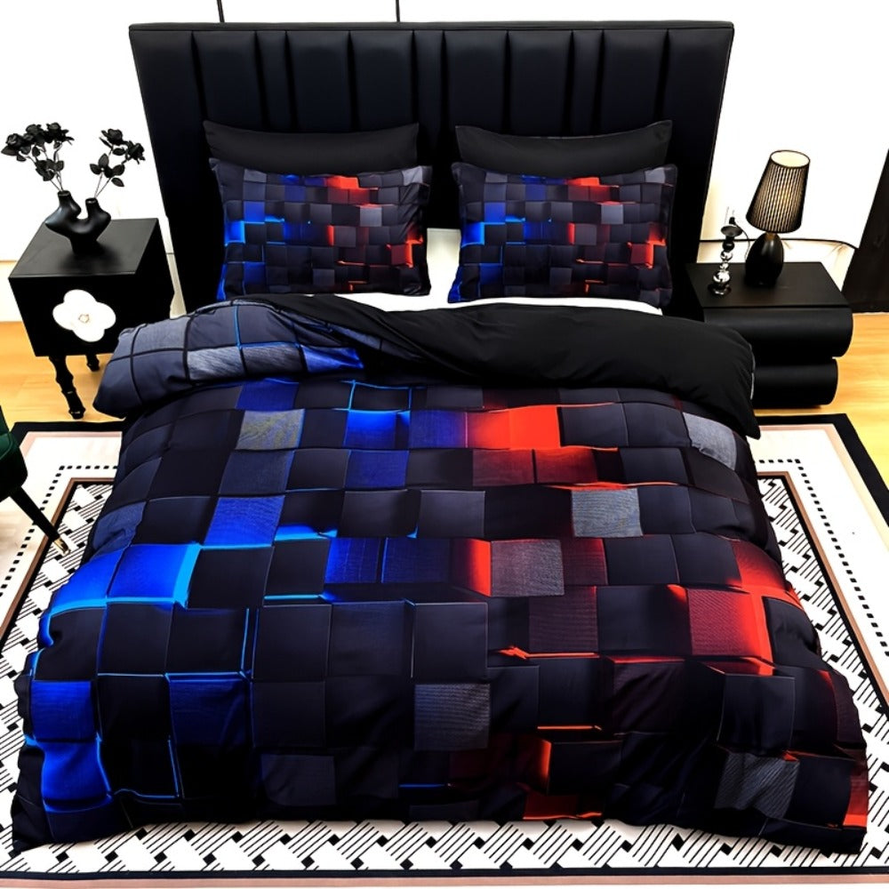 Duvet Cover Set 3 Piece Plaid Digital Print Polyester Bedding All Season Twin Full Queen King Size with Pillowcases Purple Blue Red