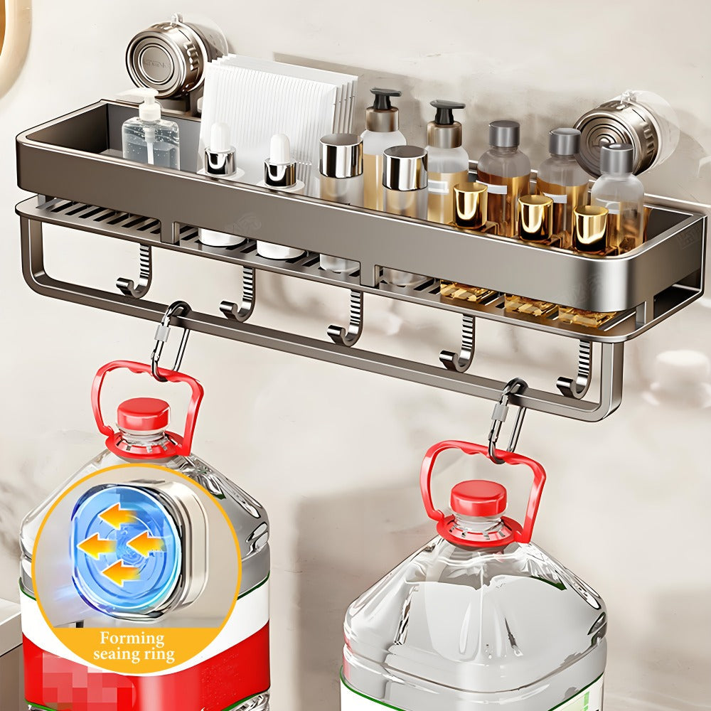 Suction Cup Shower Caddy with Towel Holder Bar, Wall-Mounted Bathroom Shelf Organizer for Shampoo Soap, Heavy-Duty Floating Shower Shelves, Strong Adhesive No Drilling