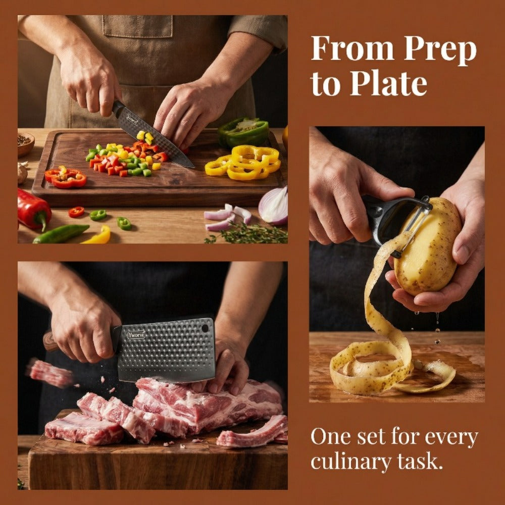 Chef Knife Set 7 Piece High Carbon Stainless Steel Ultra Sharp ¨C Anti-Stick Ergonomic PP Handle, Includes Slicing Knife, Scraper, Scissors & Whetstone, Gift Box for Home, Family & Travel