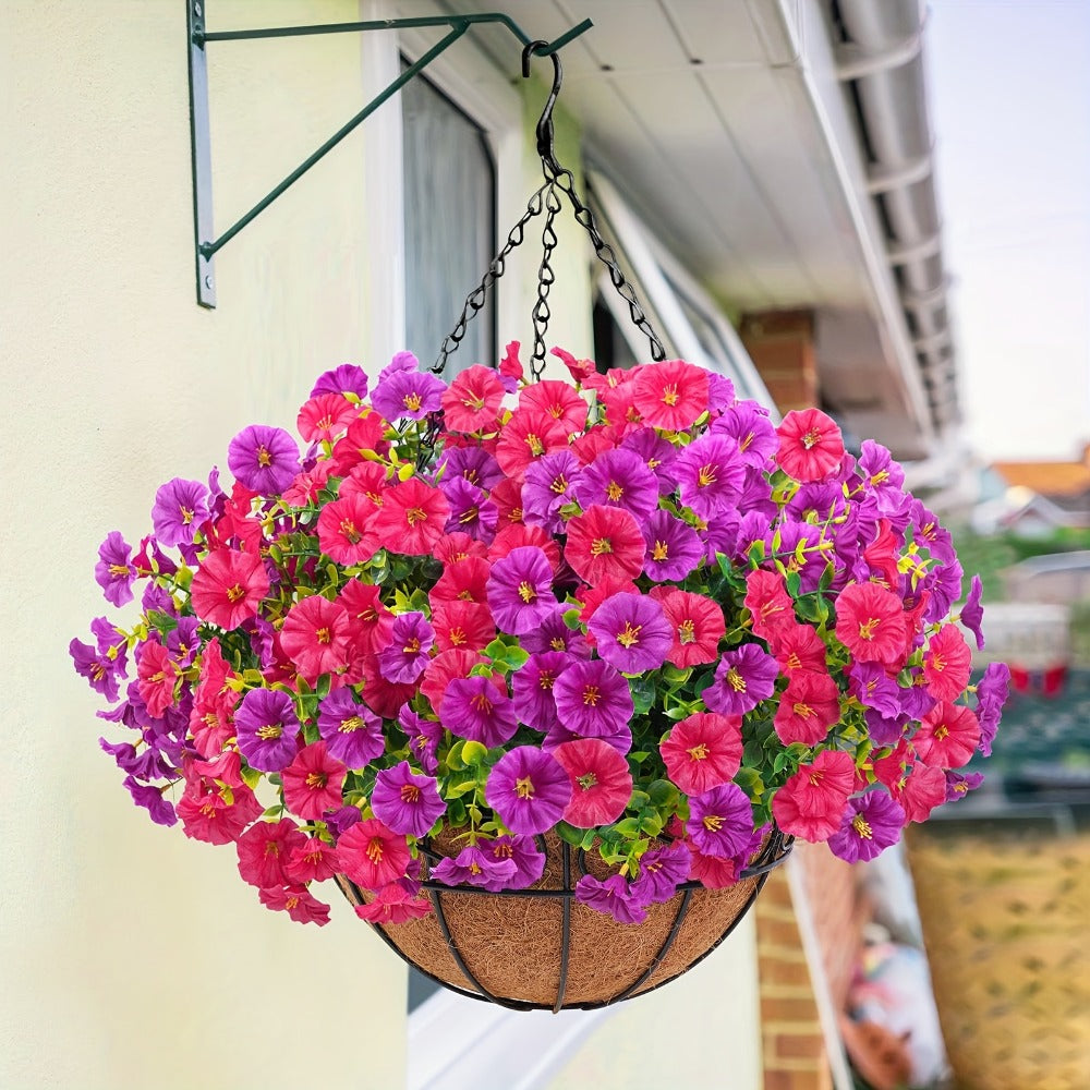 Artificial Hanging Flowers Outdoor UV-Resistant Fake Petunias with Planter Basket ¨C Realistic Faux Hanging Plants for Garden Patio Porch Balcony Railing Decor