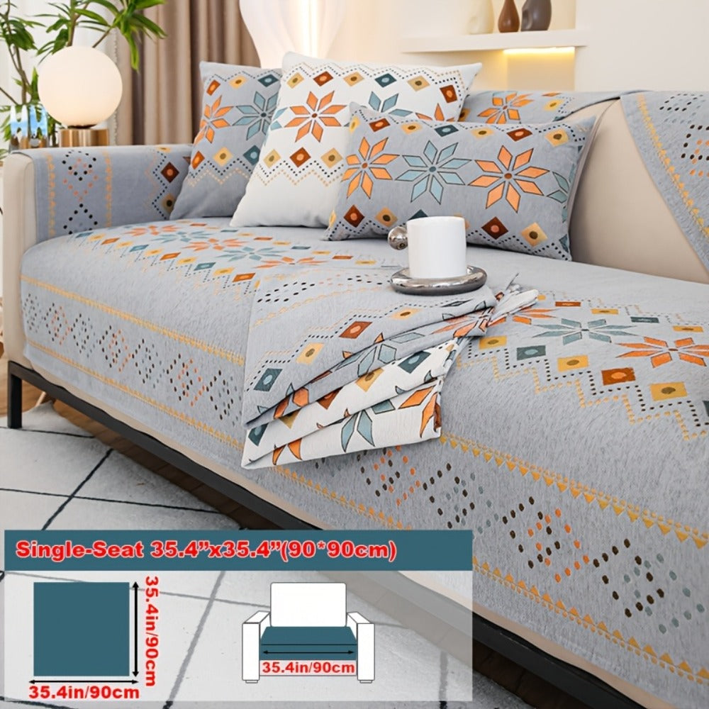 Chenille Sofa Cover Bohemian Style Jacquard Knit Anti-Slip Pet Friendly All Season Sofa Mat Protector - Single 2 3 4 Seater Armrest Backrest Pillow Case Grey White Yellow