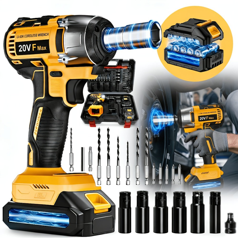Cordless Impact Wrench 1/2 Inch Brushless ¨C 450N.m 259Ft-lbs High Torque Impact Gun, 3300RPM Variable Speed, 12 Sockets, Fast Charger & Dual Battery Options for Auto Repair & Home Use