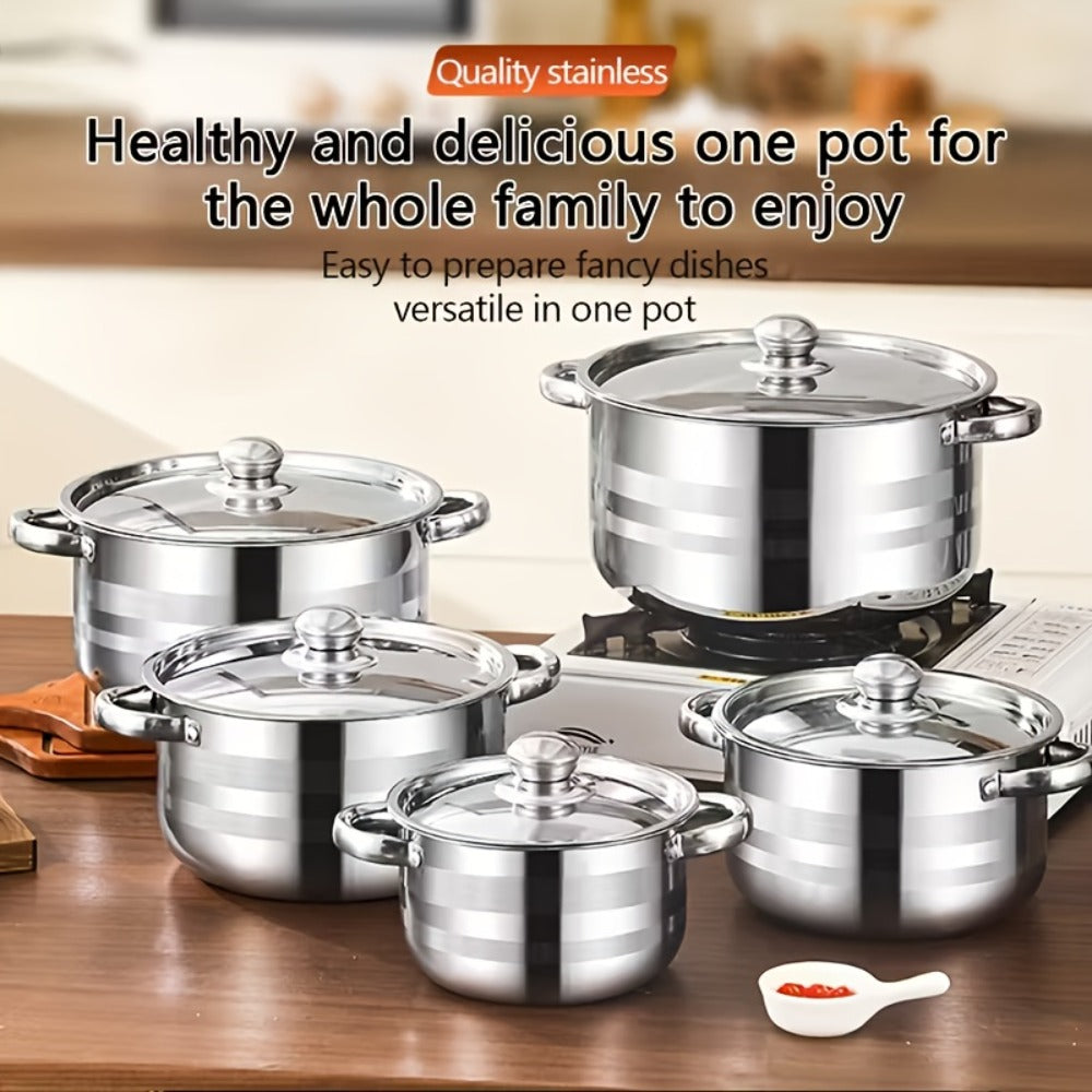 304 Stainless Steel Cookware Set with Golden Handles, 1/10/15pcs Deep Thick Soup Pot & Pan Set for Induction & Gas Stoves, Outdoor Camping & Kitchen Cooking, Pink, Silver & Orange