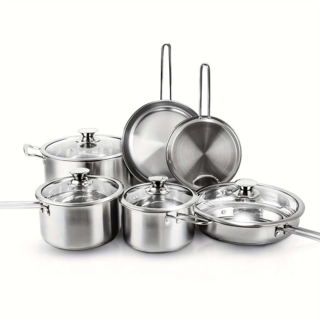 Stainless Steel Cookware Set 10 Piece ¨C Pots and Pans Set with Lids, Induction Compatible, Dishwasher Safe Kitchen Cooking Set for All Stovetops