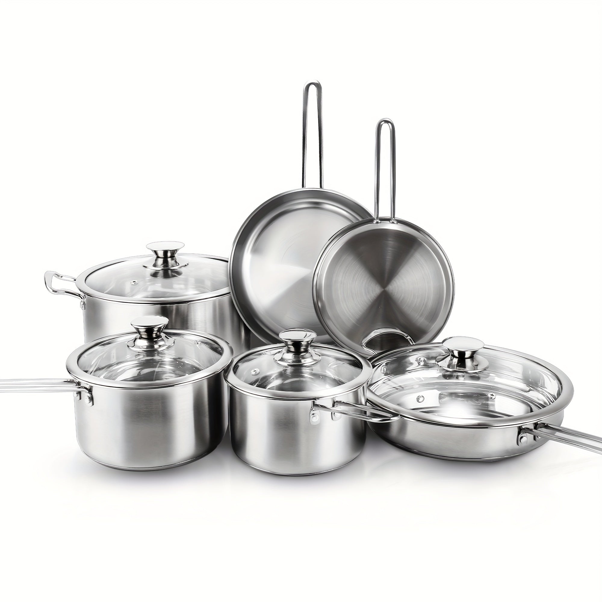 Stainless Steel Cookware Set 10 Piece ¨C Pots and Pans Set with Lids, Induction Compatible, Dishwasher Safe Kitchen Cooking Set for All Stovetops