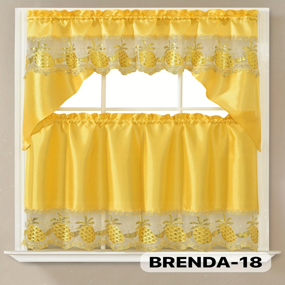 Kitchen Curtains 3 Piece Set Embroidered Satin Valance and Tiers - Rod Pocket Light Filtering Machine Washable 46 Colors Available All Season Home Decor