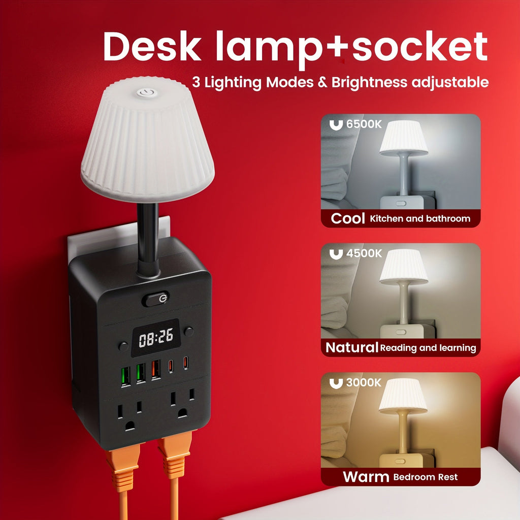 Power Strip Extender with Digital Clock & Desk Lamp ¨C 4 AC Outlets, 3 USB & 2 Type-C Ports, One-Touch On/Off, Overload Protector | Multi-Function Surge Protector for Home, Office, Dorm & School