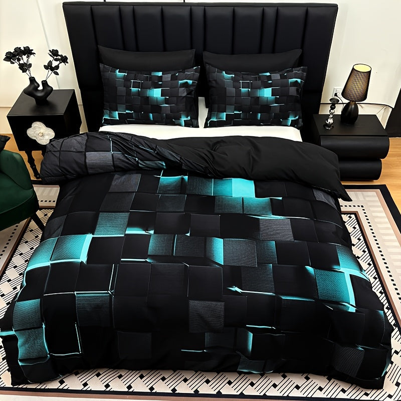 Duvet Cover Set 3 Piece Plaid Digital Print Polyester Bedding All Season Twin Full Queen King Size with Pillowcases Purple Blue Red