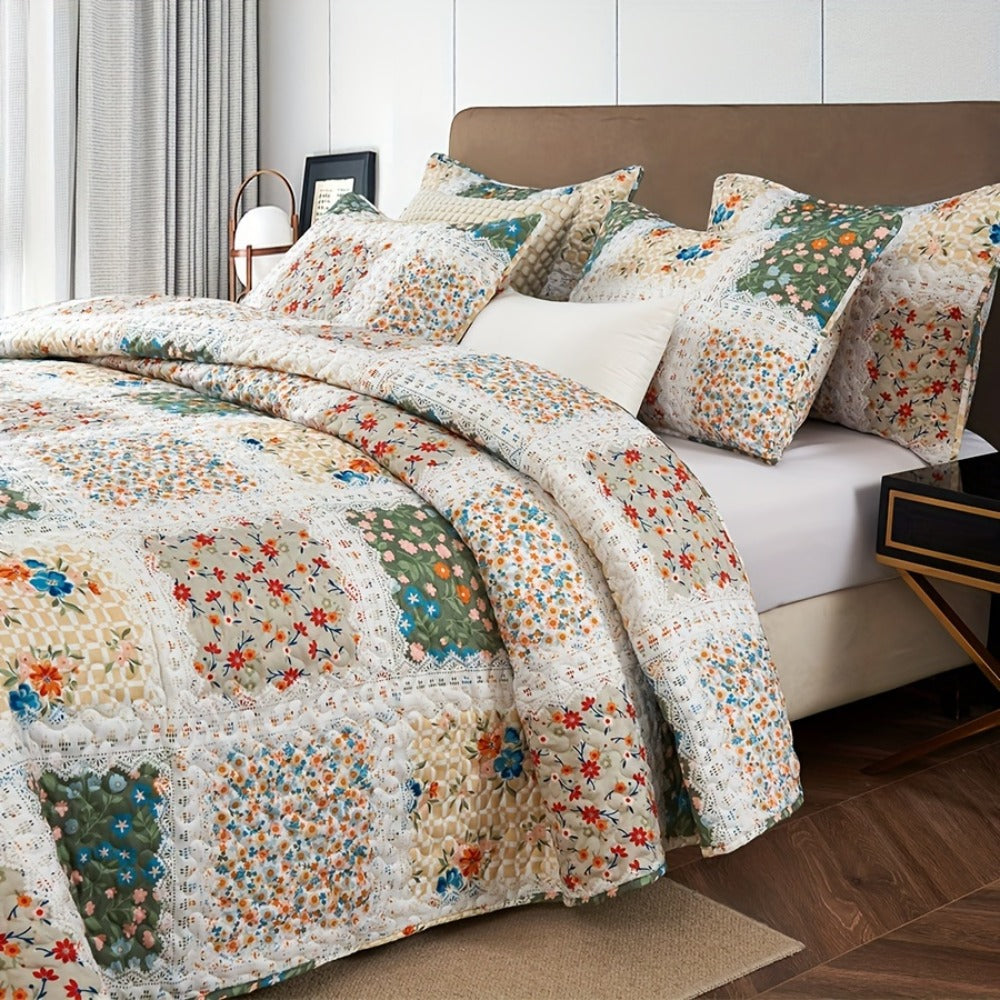 Quilt Set 2 3 Piece Lightweight Floral Patchwork Coverlet Bedding Set with Pillow Shams, Boho Quilted Bedspread for Twin Full Queen King, All Season Soft Cozy Bed Cover Green Blue Pink Grey
