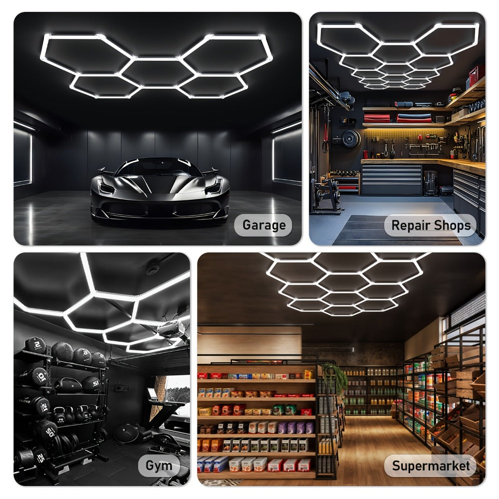 LED Hexagonal Garage Light 6500K ¨C Super Bright Daylight White Shop Light 42W¨C620W for Auto Detailing, Warehouse, Workshop, Basement & Gym (1 to 32 Grids, Hex Frame Available)