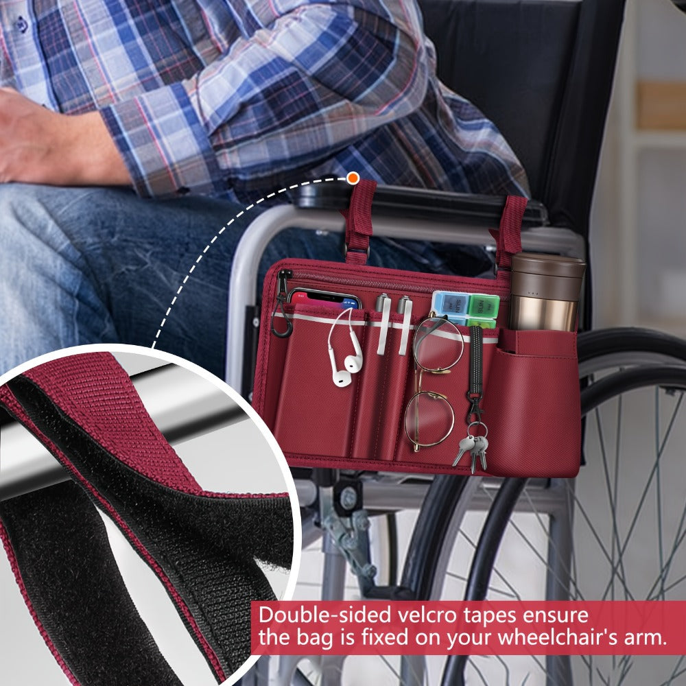 Wheelchair Bag Side Storage with Cup Holder Reflective Strips 8 Pockets 14x7.5 Inch for Electric Power Wheelchairs Walkers Rollators Accessories for Seniors