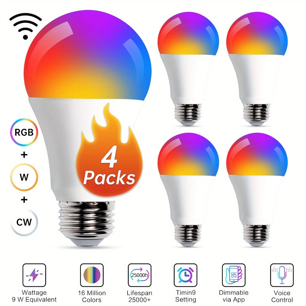 Color Changing Smart Bulbs, RGB+CW A19 E26 WiFi LED Bulb 16 Million Colors 2500K-6500K Dimmable, Works with Alexa Google Home, App Voice Control 29 Scene Modes Timer, 9W 800LM 2.4GHz No Hub Required