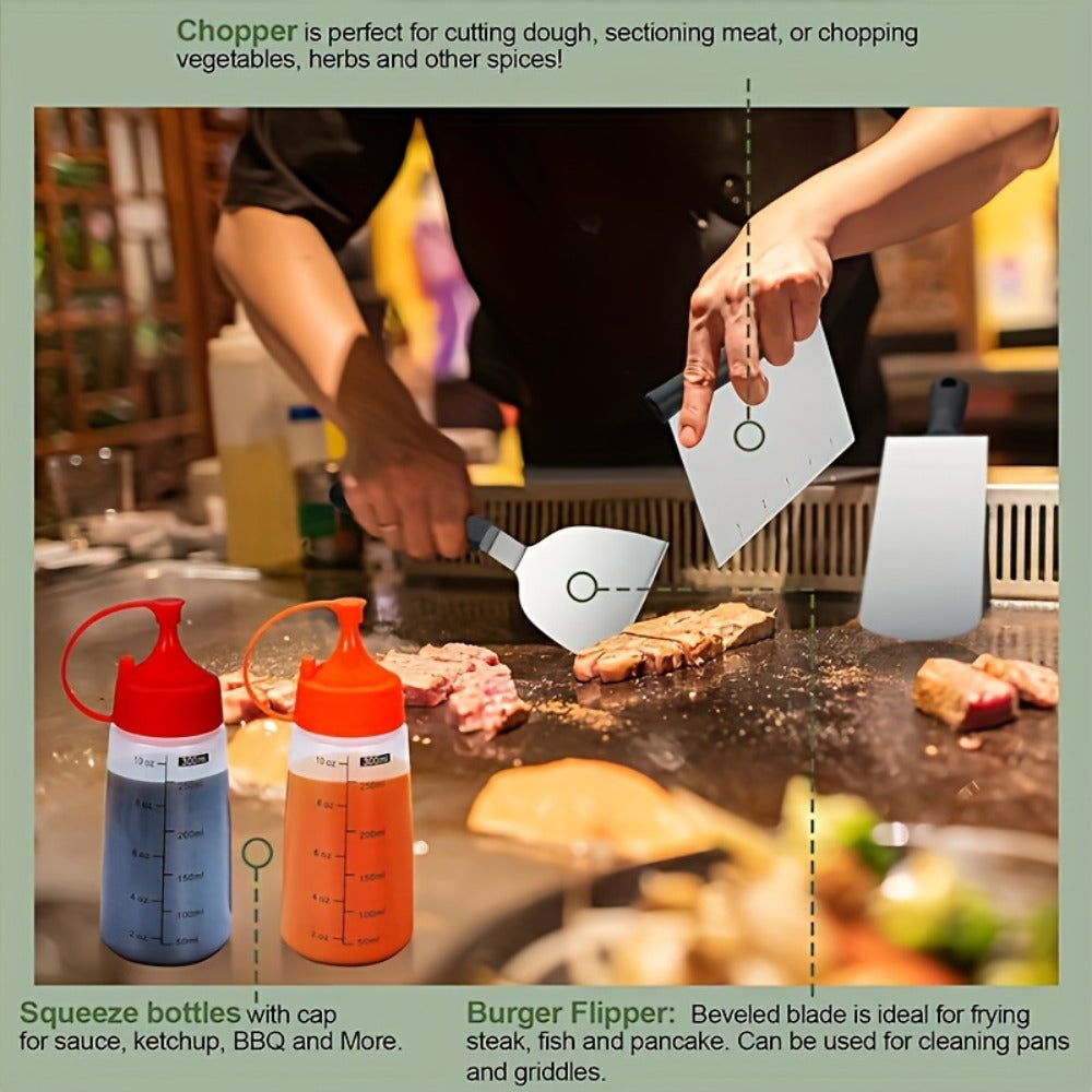 BBQ Grill Tool Set 8/17pcs ¨C Teppanyaki Meat Press & Barbecue Accessories for Outdoor Camping, Kitchen & Parties