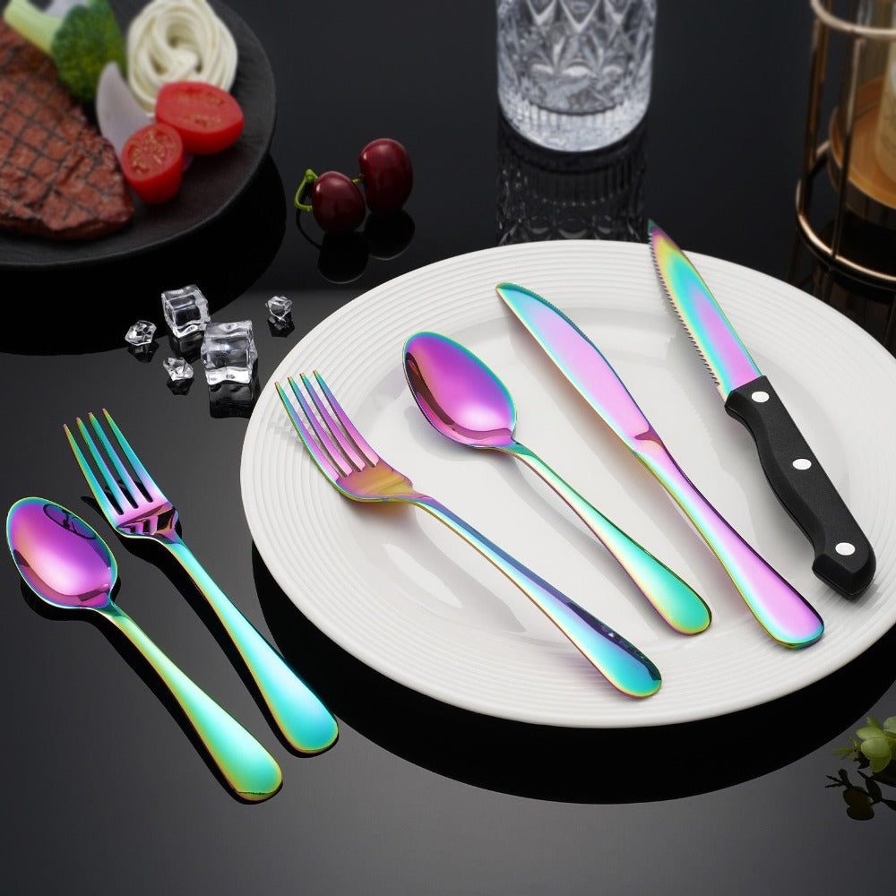 24pcs Stainless Steel Flatware Set for 4 - Rainbow Mirror Polished Silverware Set with Steak Knives, Modern Cutlery Set for Home Kitchen Dining Table Celebrations Wedding