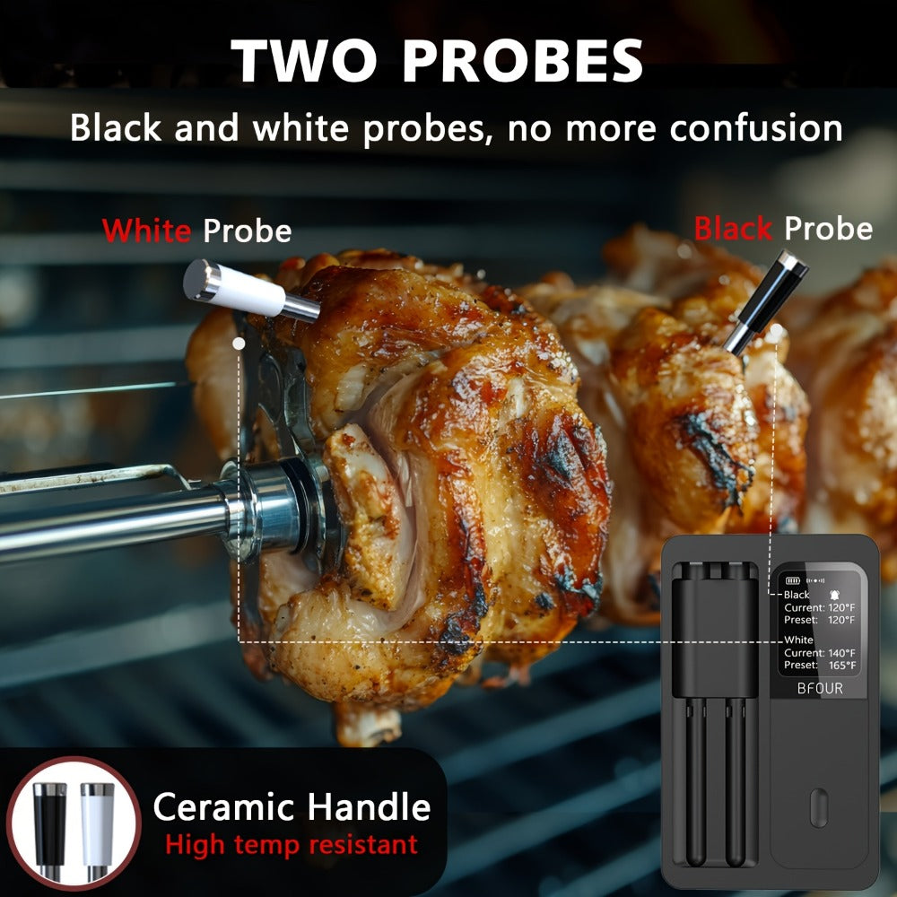 Wireless Meat Thermometer with Dual Probes USB Rechargeable | 2-Probe Digital BBQ Thermometer for Smoker Oven Grill Kitchen | 304 Stainless Steel Food Safe | iOS & Android App Compatible