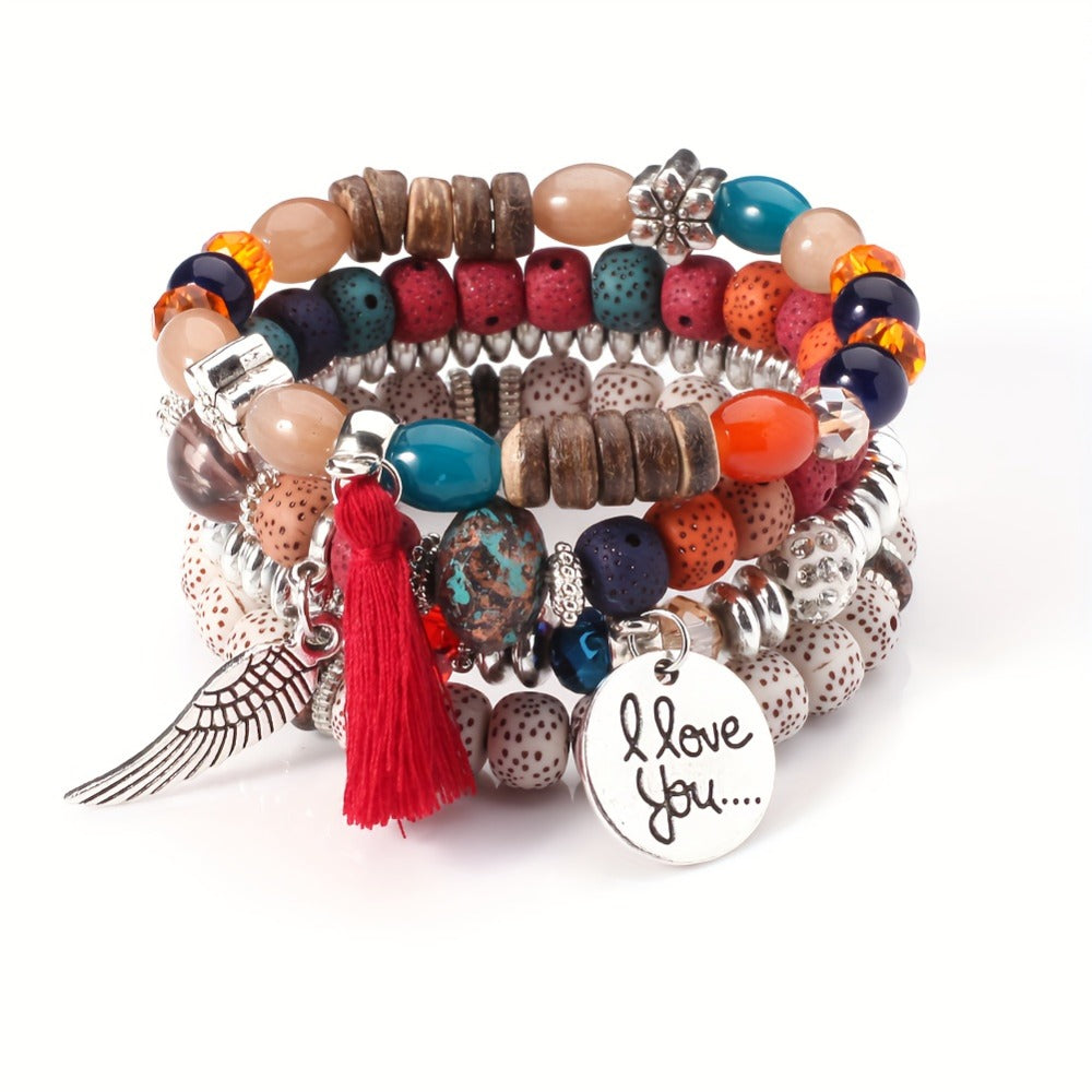 Bohemian Beaded Bracelet Set 24pcs ¨C Multi-Layer Wooden Bead Elastic Bracelets with Butterfly Elephant Tree Pendant, Handmade Colorful Tassel Wristbands for Women Men, Party Gift & Daily Wear