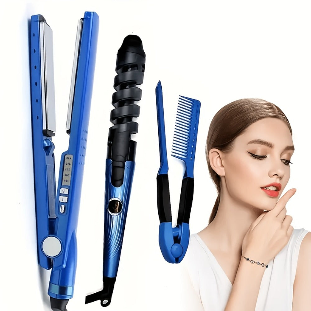 3-in-1 Hair Styling Set Flat Iron Curling Iron & Styling Comb, Anti-Scald Hair Straightener & Curler for Big Waves Straight Hair Curls, Professional Hair Tools Gift for Women, Mother's Day Birthday