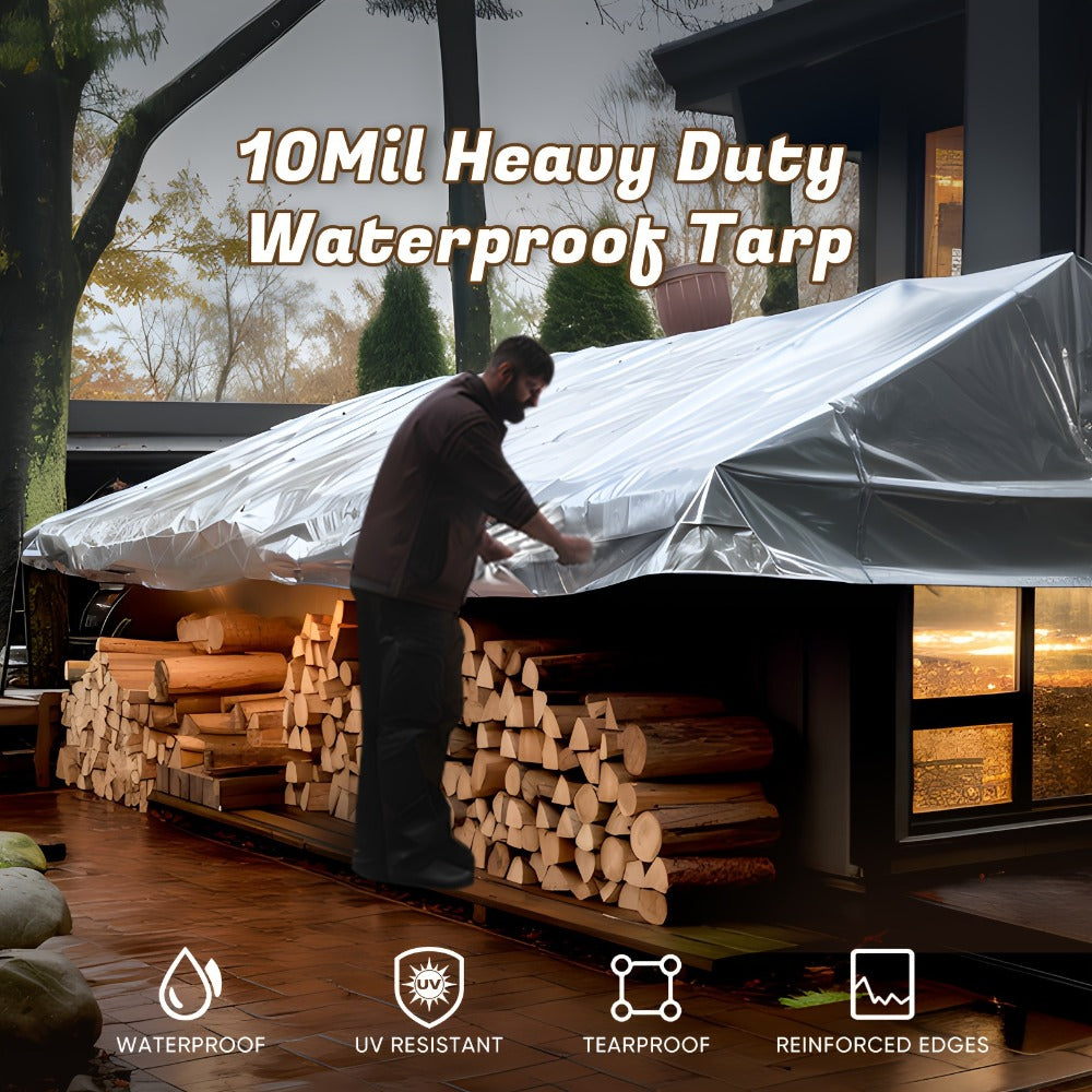 Heavy Duty Waterproof Tarp 2-Pack 10Mil 150GSM Black Silver ¨C Tear-Proof Polyethylene Cover with Reinforced Grommets for Roof Pool Boat Car Camping & Outdoor