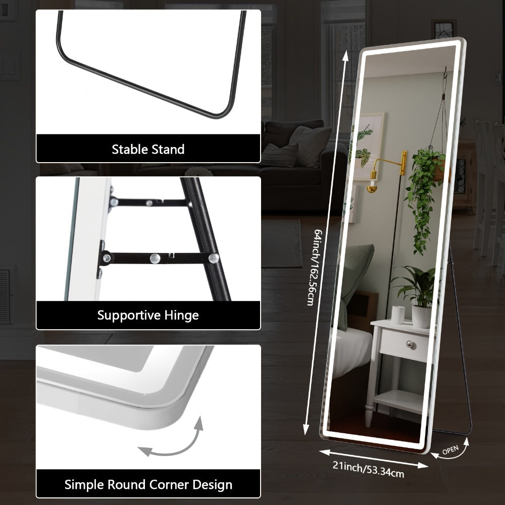 Full Length Mirror with LED Lights & Touch Sensor ¨C 64¡±x21¡± Dimmable Smart Floor Mirror, Wall Mount or Freestanding, Slim Modern Frame for Bedroom, Vanity & Dressing Room