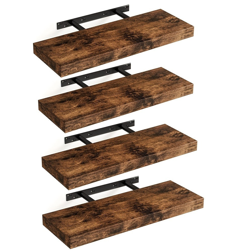 Floating Wall Shelves Set of 4, Retro Style Wall Mounted Shelves with Invisible Brackets for Bathroom Living Room Bedroom Kitchen, Brown Black White Gray Home Decor Display