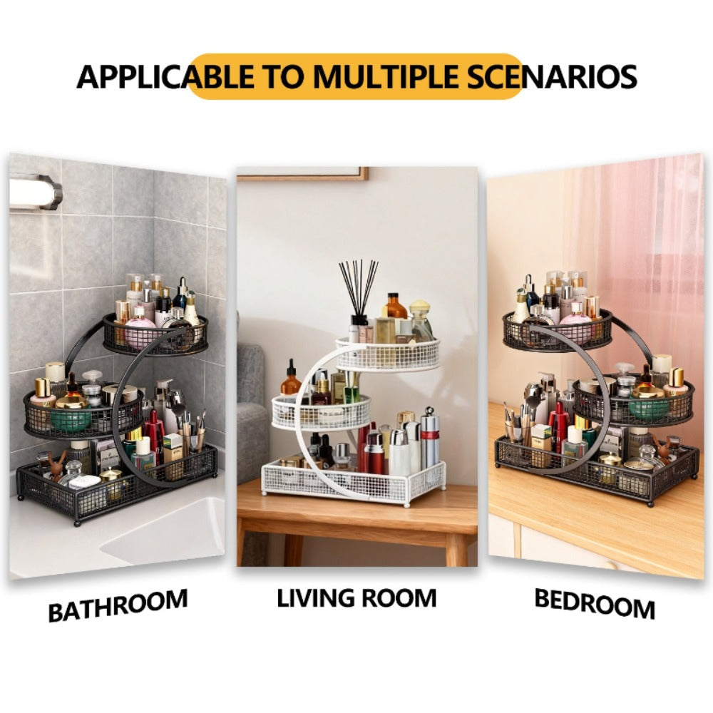 3-Tier Metal Makeup Organizer with Round Baskets Anti-Rust Vanity Storage Rack with Tissue Holder Space Saving Cosmetic Organizer Gift for Women