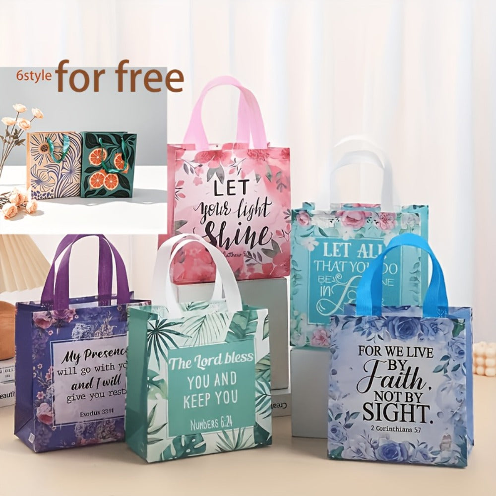 Bible Verse Tote Bags Bulk 32 Pcs Floral Religious Gift Bags with Handles Reusable Non-Woven Inspirational Bags for Christian Baptism Wedding Birthday Church Women Girls Party Favor Bags