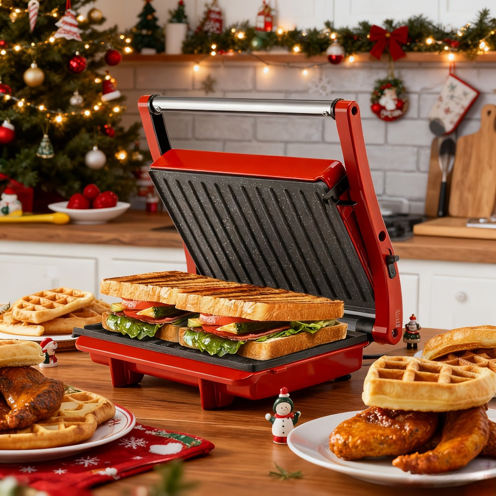 Panini Press Grill 3-in-1 Electric Indoor Grill with Non-Stick Plates - 180¡ã Flat Grill Sandwich Maker with Floating Hinge Grease Tray Temperature Control, Compact Countertop Grill for Home Dorm Office