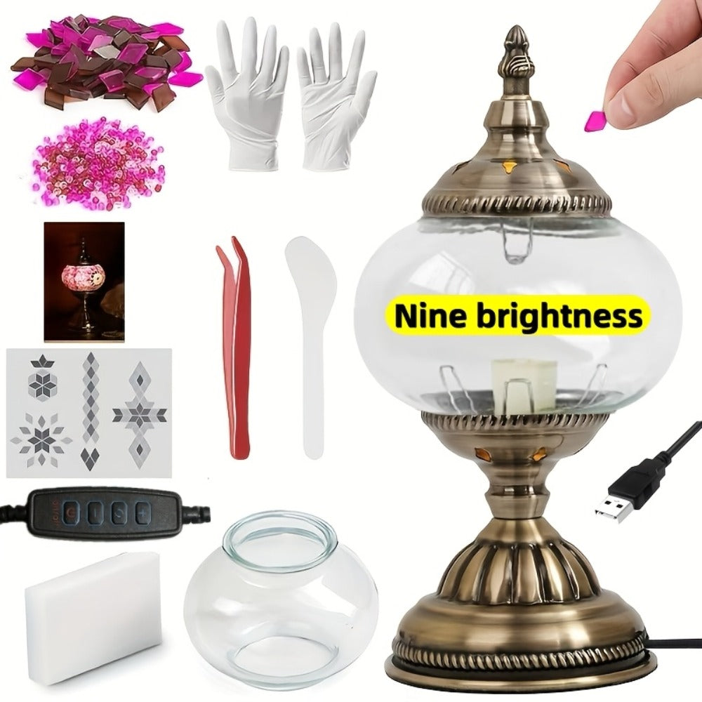 DIY Turkish Moroccan Mosaic Lamp Kit Handmade Glass Metal Brass Dimmable Bohemian Table Light for Bedroom Living Room Office Vintage Boho Decor Gift Multiple Colors 3-Color Adjustable Option