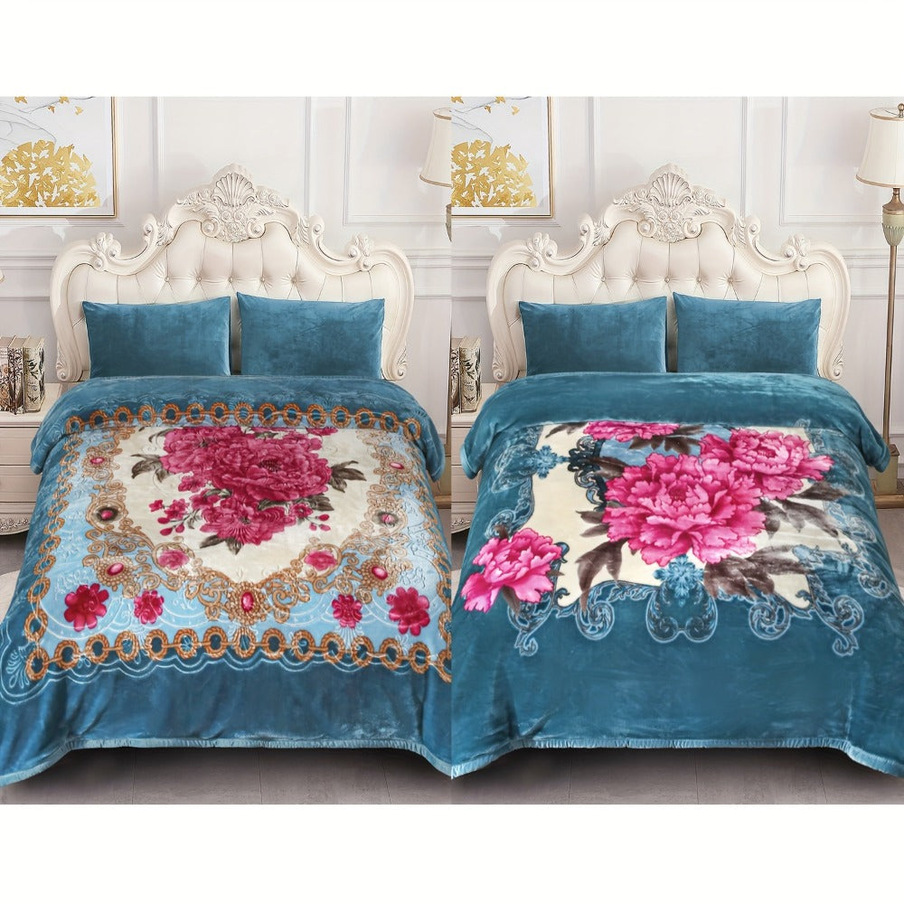 Reversible Plush Blanket 2-Ply 520GSM Milk Velvet - Soft Warm Queen King Size Blanket with Vibrant Animal & Floral Designs, All-Season Bed Couch Throw