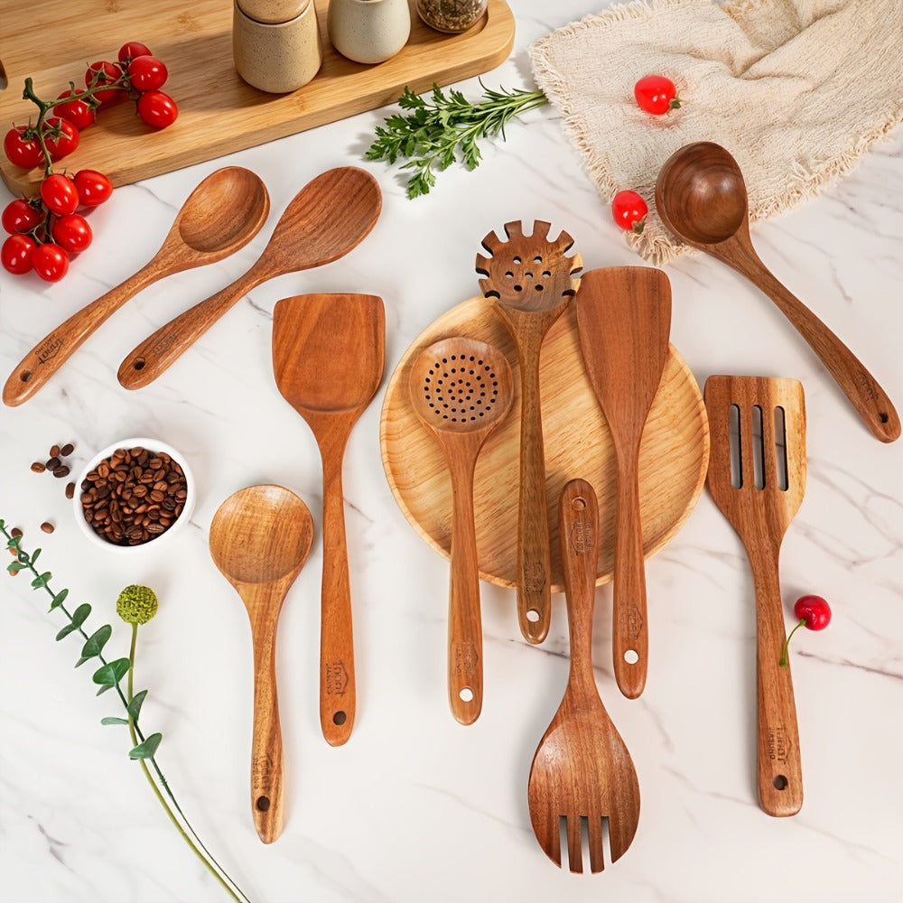 Wooden Spoons for Cooking 10 Pcs ¨C Teak Wood Kitchen Utensils Set, Non-Stick Safe Spatulas & Spoon Cooking Tools
