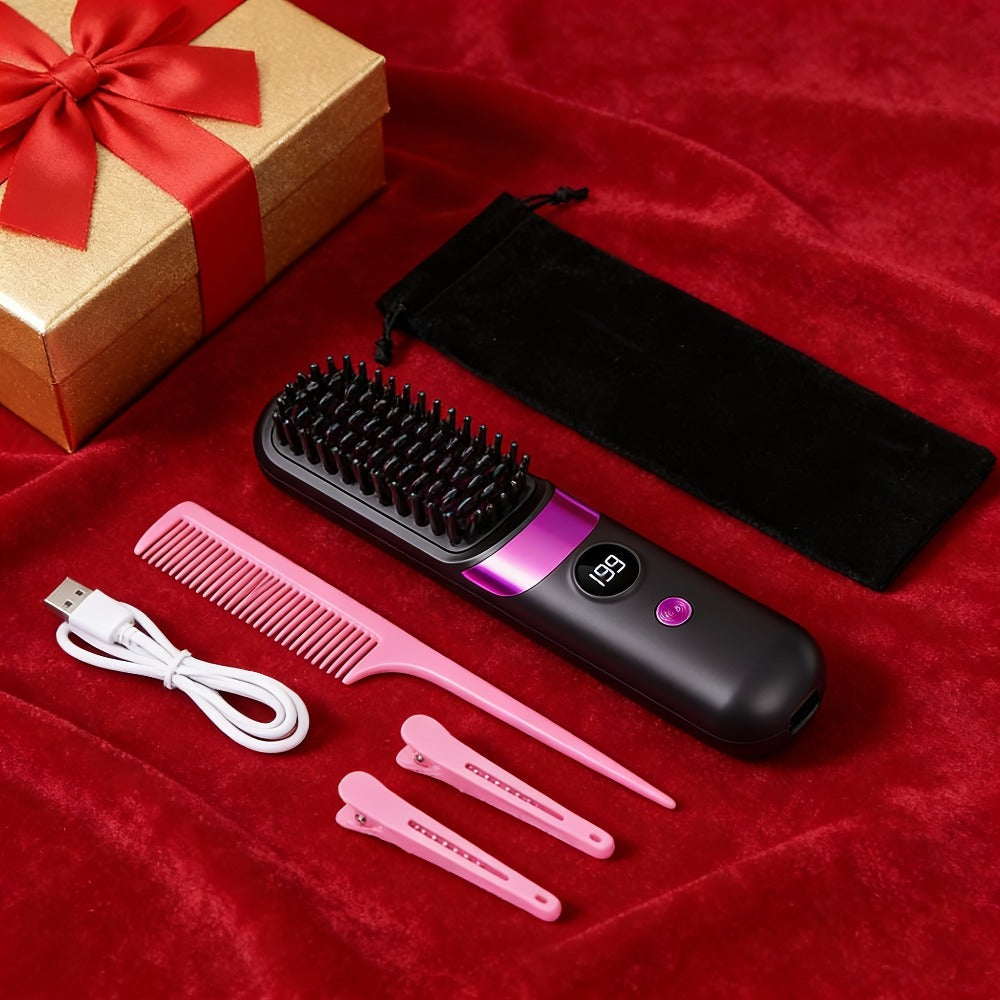 Wireless Hair Straightener Comb USB Rechargeable | Cordless Straightening Brush with Negative Ion, 3-Speed Temp Control, LED Display ¨C Travel Hair Styler
