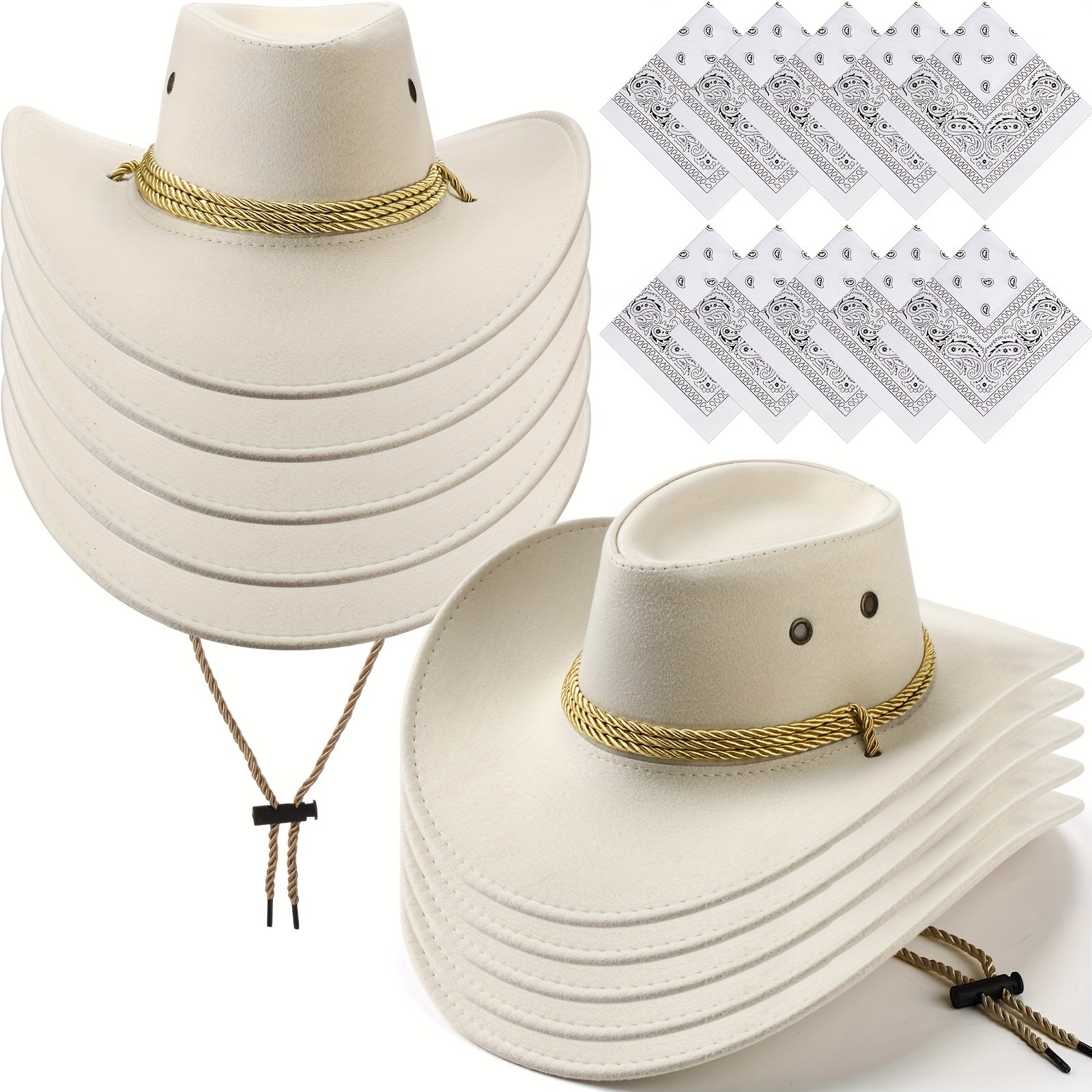 Cowboy Hat and Bandana Set 10-Pack | Bulk Cowgirl Western Hats with Polyester Bandanas for Adults Costume Party Halloween Birthday Rodeo Country Theme Events