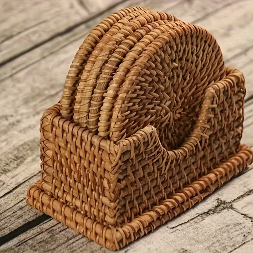 Rattan Woven Coasters Set of 6 Handcrafted Heat-Resistant Non-Slip Drink Mats Boho Table Decor for Kitchen Dining Room Coffee Table Tabletop Protection Holiday Gift