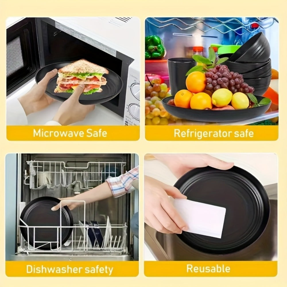 Wheat Straw Dinnerware Set Unbreakable 16 or 32-Piece Service for 4 or 8, Lightweight Dishwasher Microwave Safe Dish Set with Plates Bowls Cups, Modern Kitchen Tableware for Everyday Camping Outdoor Use