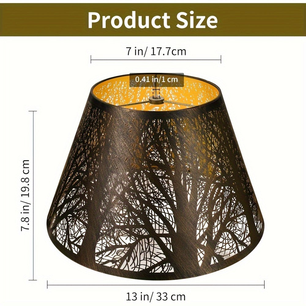 Metal Lampshade Etched Forest & Leaf Design | Black Exterior Gold Interior | Barrel Lamp Shade for Table Lamp & Floor Lamp | Medium Large Decorative Lampshade 7x13x7.8 inch