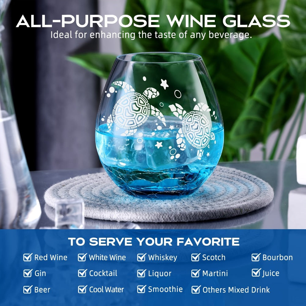 Sea Turtle Wine Glass Hand Etched Stemless 16oz Turquoise Crystal Glass Cup - Unique Wine Gifts for Women Ocean Beach Turtle Lovers Mom Wife - Sand Etched Art Gift Box Set for Birthday Christmas