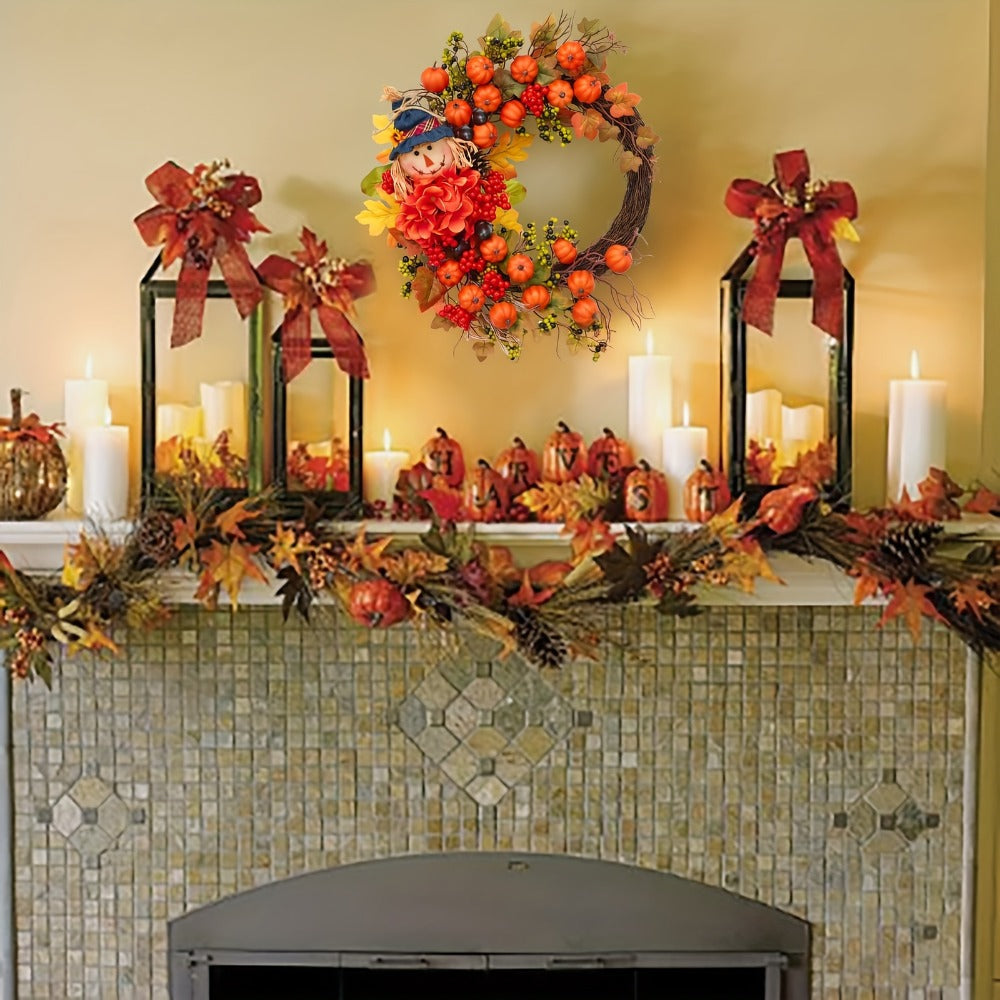 Fall Wreath for Front Door Autumn Thanksgiving Pumpkin Leaves Floral Doll Wreath Indoor Outdoor Wall Window Holiday Home Decor Christmas